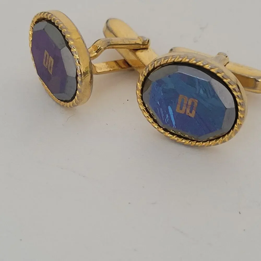 Unbranded Cufflinks Gold Blue Iridescent Stone Tone Rope Edges Vintage‎ Oval